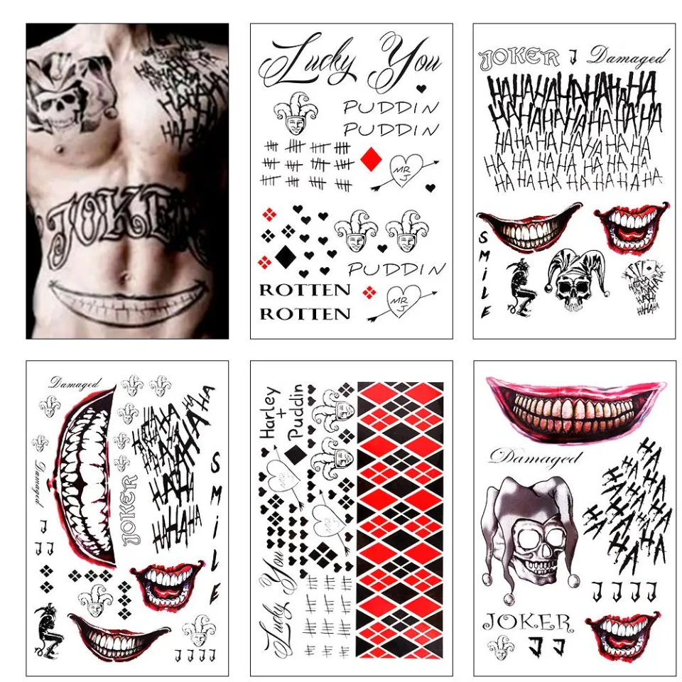 Amazon.com : TASROI 5 Sheets Harley Quinn Tattoo Stickers For Women Men  Adults, Fake Joker Harley Quinn Tattoos Suicide Squad Birds of Prey  Temporary Tattoos Halloween Face Makeup, Harley Quinn Costume Accessories :