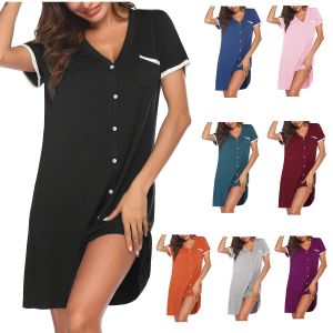 Womens V-neck Short-sleeved Contrasting Color Home Wear Simple Womens Short Nightgown Summer Mid-length Dress With Pockets