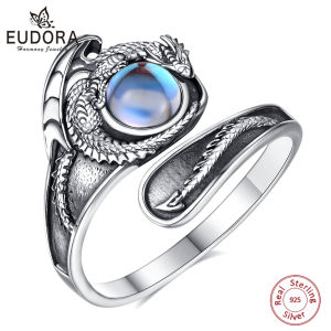 Eudora 925 Sterling Silver Dragon Adjustable Ring Moonstone Hypoallergenic Ring Vintage Jewelry Spiritual Gift for Men Women