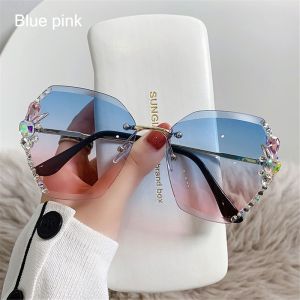 VERMILL Vintage Cutting Lens UV400 Women Sun Glasses Rhinestone Sunglasses Gradient Rimless Sunglasses