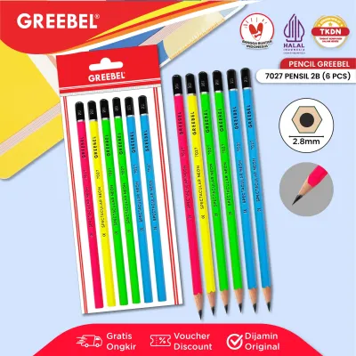 GREEBEL Pensil Graphite 2B 7027 NEON tdk beracun utk ujian sekolah/gambar/Pencil Kayu Karakter