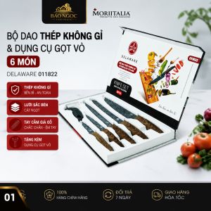 Bộ Dao Nhà Bếp Thép Không Gỉ Delaware 06 Món Kèm Dụng Cụ Gọt Vỏ Tay Cầm Giả Gỗ Hộp Đựng Sang Trọng