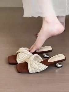 [Free Shipping] Unique retro square-toed woven high-heeled slip-on sandals for summer vacations paired with skirts