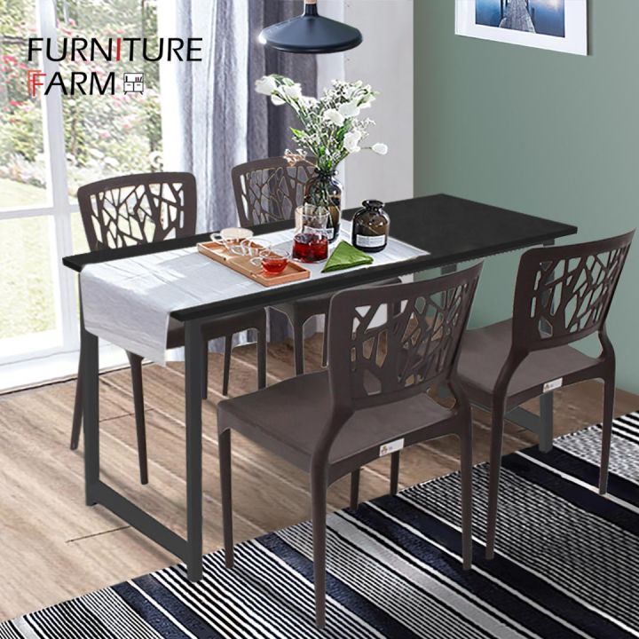 F&F [120x60] Contemporary Dining Table Black Steel with 4 Brown 3V