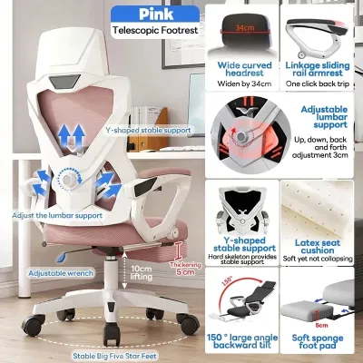 Bewell Ergonomic Computer Chair with Footrest Office Chair Mesh Cushion Gaming Chair Swivel Reclining Chair