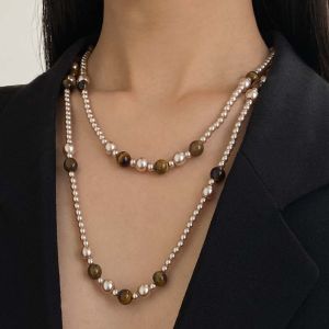 VERMILL Tròn Dây chuyền đá mắt hổ Kính nhân tạo Phong cách retro Dây chuyền hạt ngọc trai Maillard Dây chuyền choker dành cho phụ nữ
