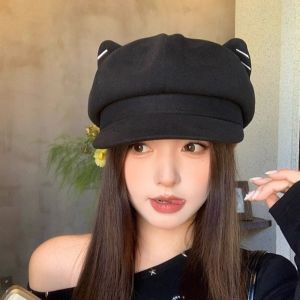 SWEET TIM ผ้าขนสัตว์ หมวกหูแมว วายทูเค ผ้าสีพื้น หมวกแปดเหลี่ยม หมวกเด็กส่งหนังสือพิมพ์ ปรับแต่ง หมวกเบเร่ต์อังกฤษ สาวๆ