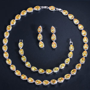 SEQUITO Top Quality White Gold Plated AAAAA Cubic Zirconia Crystal Paved Setting Water Drop Choker Necklace and Hanging Earrings Bracelet Sets Elegant Bride Wedding Jewelry Set SJ294