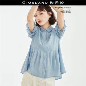 GIORDANO Women Shirts Acetate Chiffon Lightweight Shirts Crewneck Ruffle Short Sleeve Fashion Casual Pleated Shirts 18343606