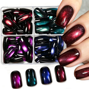 96Pcs Set 4-Color Cats Eye Handmade Press On Nails Eye-Catching Glossy Cat-Eye Fake Nails Tips Blush-Red Gradient Wearable Nail h260819