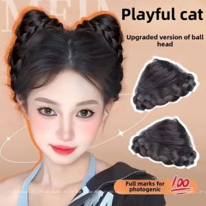 OMQAIO 2Pcs Synthetic Cat Ear Wig Chignon Sweet Hair Extensions Claw Clip Bun Hairpiece Korean Style Natural Updo Flower Bun Women