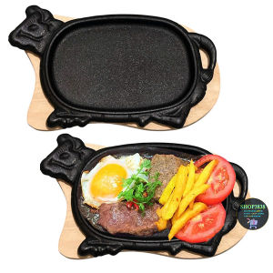 Chảo Gang Làm Bò Né Size Nhỏ 26x15cm ( Đế Gỗ ) Bò Beefsteak Lúc Lắc Ốp La