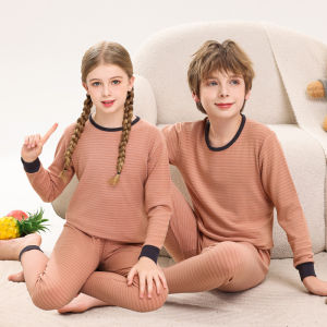 2025 Autumn Winter Youth Striped Pajamas Homewear Two-Piece Set for Boys and Girls Base Layer Thermal Underwear Set