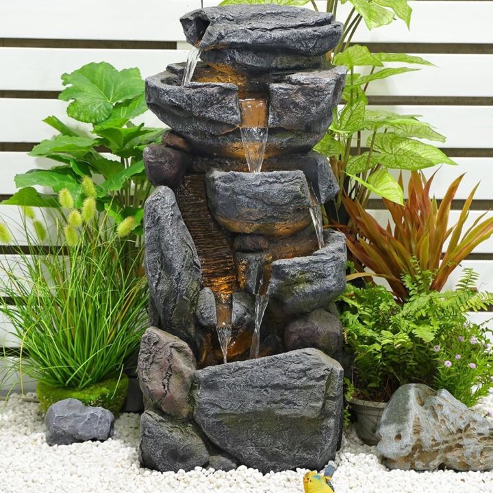 6-Tiers Waterfall Fountain Outdoor With Led Lights, 31.5” Rock ...