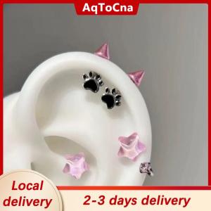 [COD] AqToCna Ship within 24 hours Red Zircon Wing Chain Piercing Earring For Women Men Gothic Silver Color Rivet Ear Bone Nail Earring Y2K Jewelry Accessories