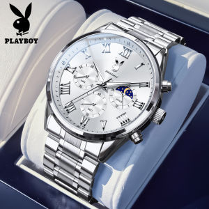 PLAYBOY Watch Men Waterproof Original Stainless Steel Strap Casual Fashion Business Chronograph Luminous calendar Mens Watches