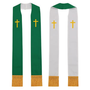 Pastor Clergy Reversible Stole with Cross Embroidery For Vestments with Tassels (White & Red)