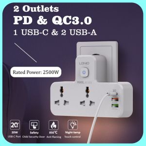 LSG Multifunctional Wireless Extension Outlet Adapter With Touch Control Switch Nightlight 1 PD And 2 USB Port Fast Charging Wall Universal Socket With Switch US 2 Pin And UK plug
