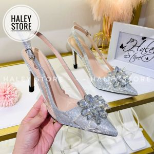 Giày cao gót max kim tuyến phale xám HALEY STORE gót 9cm quai trong đính đá xoàn phale mũi nhọn khóa cài đi tiệc đi chơi