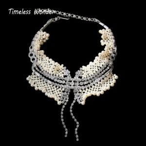 Timeless Wonder Crystal Zircon Braided Glass Pearl Statement Necklace Women Designer Jewelry Rare Top Statement Gift Classy 7614