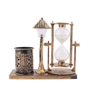 Golden Vintage Hourglass Timer Night Light Pen Holder for Gifts Games Kitchen Decoration