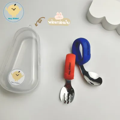 Heykiddo : ช้อนส้อมซิลิโคนด้ามคล้อง จับถนัดไม่หลุดมือ สำหรับวัยฝึกทาน 6M+ สาย BLW