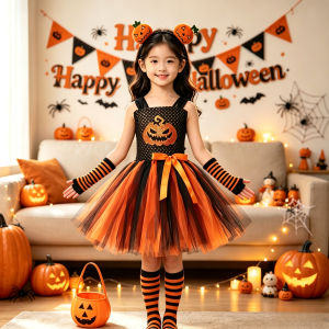 11.11 Pumpkin Motif Color Block Mesh Outfit Full Matching Accessory Pack for Halloween Banquet Carnival Talent Show Holiday Costume h2610
