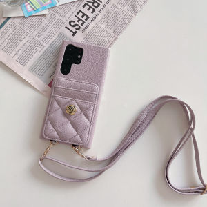 Camellia Lozenge Card Slots Bag Wallet Case For Samsung Galaxy S24 A53 A54 A14 A24 A34 A33 A13 S23 Ultra S22 Plus Case Card Holder Slot Purse Detachable Wristband Wristlet Strap Crossbody Lanyard Ribbon Leather Cover