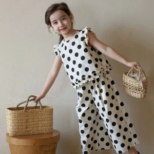 Gấu Lãnh Đạo Chấm Bộ quần áo Cho bé gái Mới Mùa Hè Bay Tay Áo Waveselvedge T-Shirt Và quần ống rộng đơn giản 2 Mảnh Phù Hợp Với Trẻ Em Quần Áo 3-7 Năm