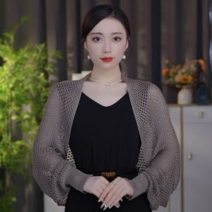 MUSASI Simple Ice Silk Shawl Luxury Hollow Thin Outerwear Coat Womens Fashion Elegant Long Sleeve Smock Top