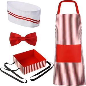 ILOIQD Red and White Stripe Waiter Cosplay Apron with Hat Carnivals Circus Chef Costume Masquerade Prop Roleplay Kitchen Uniforms Women Men