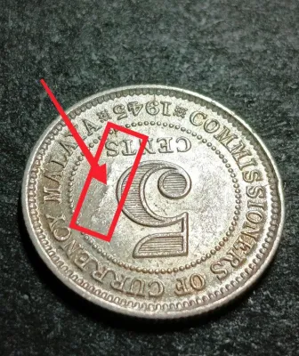 Error Coin - Malaya British Borneo King George VI Silver Coin 5 Cents Year 1945 ( Laminated Error)