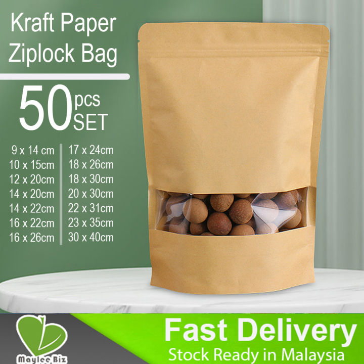 50pcs Kraft Paper Ziplock Bag With Clear Window Zipper Resealable Food Packaging Goodies 6252