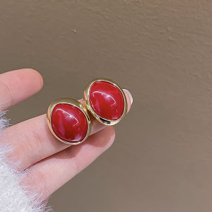Plaid red and white sphere heart earrings for women Korean style niche white new earrings autumn and winter high-end earrings
