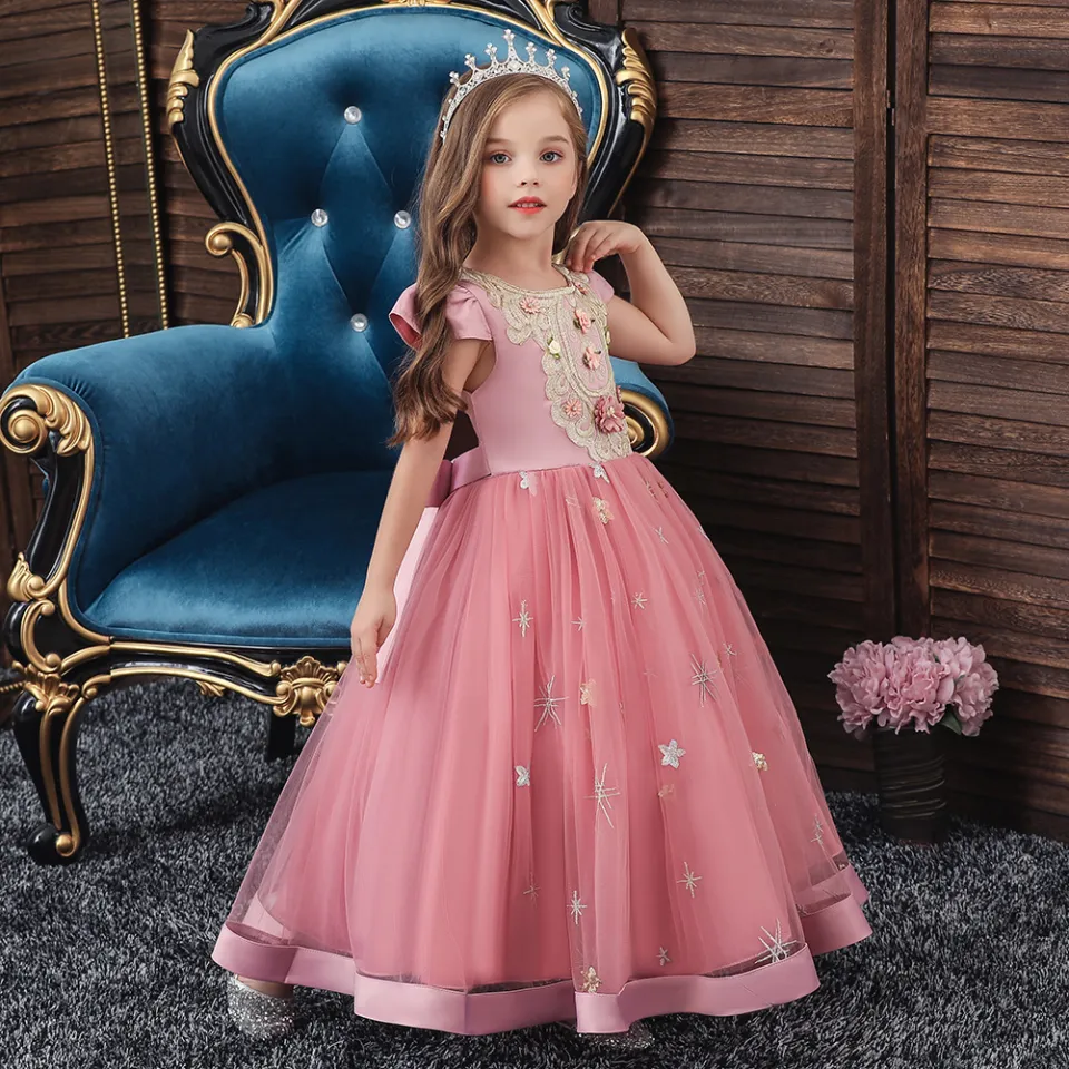 Girls Pink Lace Tulle Princess Dress – Elegant Long Floral Gown