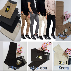 Celana Chinos Cowok Panjang Karet Pinggang Rip Kolor Bahan Melar Kain Katun Twil Combed Elastis Polos Hitam
