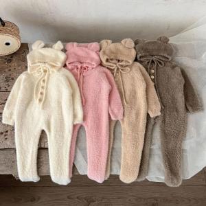 Newborn Baby Winter Jumpsuit Mink Cashmere Cute Bear Ear Hooded Onesie with Hat 0 - 3Y Baby Boys Girls Warm Footed Romper