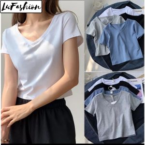 LuFashion Crop Tops for Women Summer Short Sleeve V-neck Slim T-Shirts