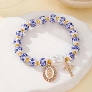 SIXIS Đàn hồi Vòng tay sứ xanh trắng Cổ điển Phong cách Trung Quốc Vòng tay gốm sứ Thời trang Đa năng Vòng tay hạt ngọc trai dành cho phụ nữ