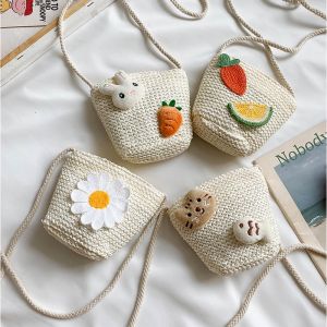 Crosail Kids Straw Bucket Bag Fashion Cute Decoration Messenger Bag Girls Boys Holiday Bag Beach Sling Bag
