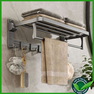 Giá Treo Khăn Tắm Dán Tường Giàn Vắt Khăn Có Móc Treo Quần Áo Đa Năng Bằng Nhôm Mạ Sơn Tĩnh Điện Xám Tro - QM.QMS05X