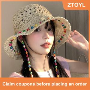 【ZTOYL】 Fashionable Colorful Wooden Bead Straw Hat For Women In Summer With Large Hollow Brim Sun Hat Foldable Fisherman Hat