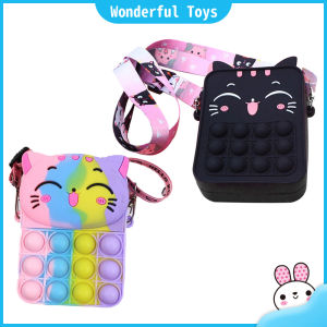 Wonderful Toys Pop It Bag Girl Cute Cat Face Pop It Silicone Messenger Bag Children Cartoon Bubble Coin Purse