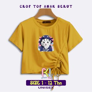 Baju Anak Crop Top Tali Serut Kaos Lengan Pendek Perempuan Motif KUCING Umur 1-2tahun - 3-4 tahun 5-6tahun 7-8tahun 9-10tahun 11-12tahun - Nurika Kids