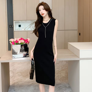 LUCKIN STORE Dress for Women Striped Knitted Dress Womens Summer Loose Mid length Round Neck Sleeveless Ice Silk T-shirt Skirt