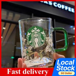 starbuck South Korea Style Green Handle large Heat-Resistant Pear Flower Glass Coffee Cup