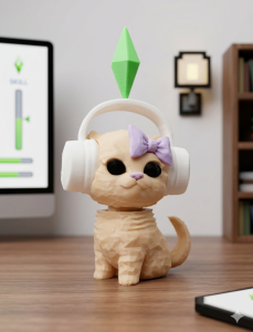 3D Printed Sims 4 Dancing Cat Bobblehead – Cute Gamer Feline with Headphones & Plumbob Moving Head PLA Desktop Gift