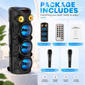 LUCKY HOME 27 Inch Big Bass Karaoke Bluetooth Speaker 5.0 with Dual Wireless Mic RGB LED Light Portable Party Speaker FM Radio USB AUX TF Card MP3 HiFi 3D Stereo Subwoofer Voice Changer Remote Control Multimedia TWS for Home Outdoor Indoor Family Party