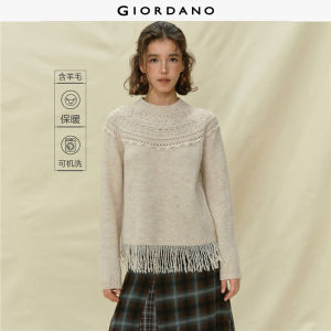 Giordano Women Pierced detail crewneck fringe hem sweater Free Shipping 18355820