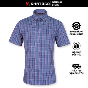 Sơ Mi Caro Tay Ngắn Màu Xanh - Xanh Navy Form Tailor Fit Chống Nhăn Lai Ngang - Áo Nam Khatoco